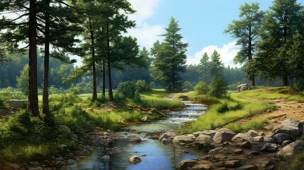 Wall Mural - The lush green trees and bright blue sky create a beautiful landscape. The river flows through the middle, adding a touch of tranquility.