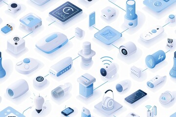 Aufkleber - A collection of various smart home devices, including thermostats, security cameras, smart plugs, and light bulbs, all seamlessly connected in a network. Generative AI