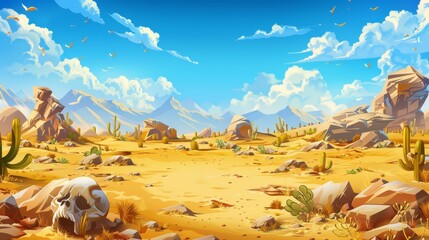 Wall Mural - Background with sandy desert landscape, drought land, buffalo skulls, green cacti, blue skies, clouds, and summer scenes of hot days in the West.