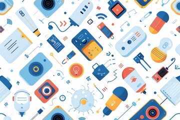 Poster - Illustration showcasing a network of connected smart home devices, including thermostats, security cameras, smart plugs, and light bulbs. Generative AI