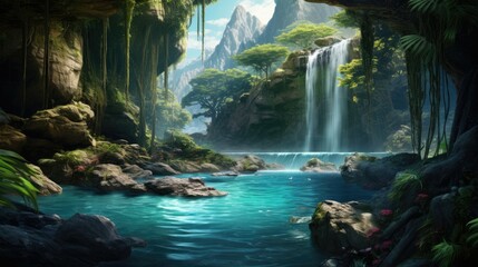 Wall Mural - A stunning waterfall in a lush green jungle. The water is crystal clear and the rocks are covered in moss. The air is fresh and invigorating.