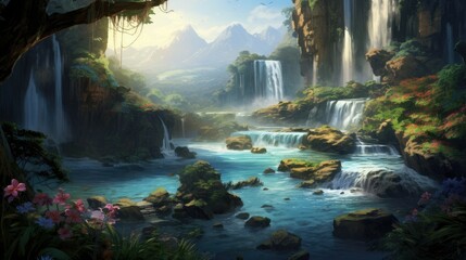 Wall Mural - A beautiful landscape with a waterfall and a river running through it. The water is crystal clear and the rocks are covered in moss.