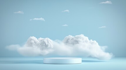 Wall Mural - A round platform for displaying goods in the sky surrounded by fluffy clouds on a blue gradient background. Showcase pedestal for presenting goods.