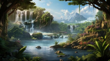 Wall Mural - A beautiful landscape with a waterfall and a mountain in the background. The water is flowing down the rocks and into the pool below.