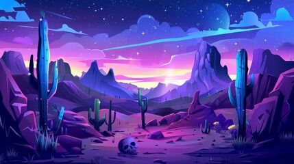 Wall Mural - Sandy desert background with a moon and stars glowing in the midnight sky, dark wild west landscape, old buffalo skull and cactus with flower, in the dark wild west landscape with a drought land, old