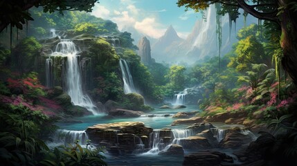 Wall Mural - A beautiful landscape with a waterfall in the middle. The waterfall is surrounded by green trees and plants.
