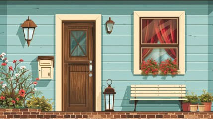 Sticker - This cartoon shows a suburban home with a wooden door, a porch, a brick wall, and red curtains, ornamental flowers in a pot, a bench, lantern, and mailbox.