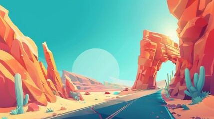 Wall Mural - This is a desert landscape with rocky canyons and asphalt roads on a hot sunny day. A cartoon modern scene of stone mountains and an empty highway with sunny skies. A wild western scene.
