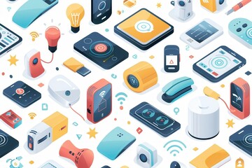Poster - Colorful illustration showing smart home devices connected in a network, highlighting convenience & comfort of a smart home. Generative AI