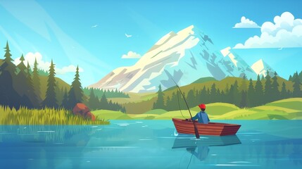 Wall Mural - Cartoon illustration of a man fishing in a boat on a mountain lake, beautiful scenery, a river in a sunny valley with green grass, bushes on hills, clouds in the sky.