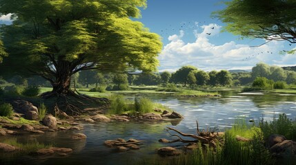 Wall Mural - The sun shines through the trees and reflects off the water in this beautiful landscape.
