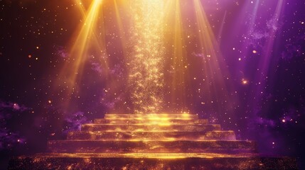Wall Mural - Stage with gold light shows, abstract spotlight podium, purple concert studio with golden glitter platform, shiny bright nightclub event 3d stairs pedestal backdrop. Sparkle flare scene.