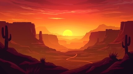 Wall Mural - A sunset canyon background in a modern style. A wild western mountain scene with a blue sky. A Mexican national park road design for a summer journey. A red hot rock cliff land background.