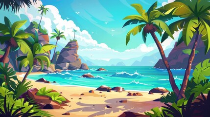 Wall Mural - Coastal tropical scene with palm trees and rocks in the water. Illustration of ocean waves splashing on sand, exotic plants, seagulls flying in blue sky above water.