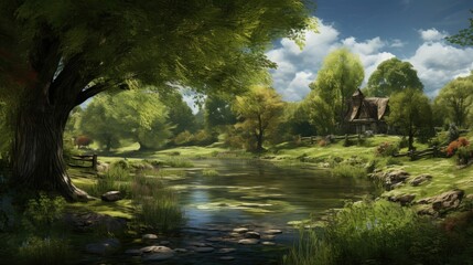 Wall Mural - A beautiful landscape with a river running through it. There is a small cottage on the right side of the river and a large tree on the left side.
