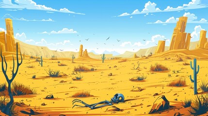 Desert landscape, golden sand dunes, and rocks under a blue sky, cartoon illustration of a desert landscape with animal skeletons on yellow sand and cacti.