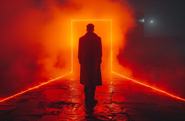 silhouette of man standing in front of red flaming door