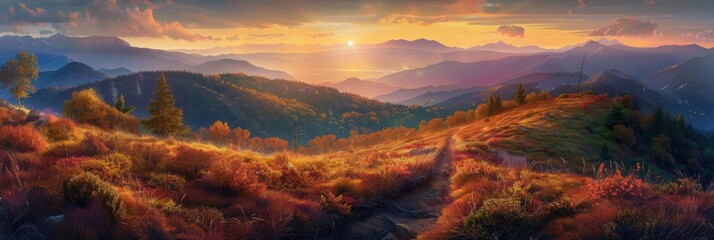 Wall Mural - Landscape Path. Summer Sunset in the Mountains with Beautiful Colours