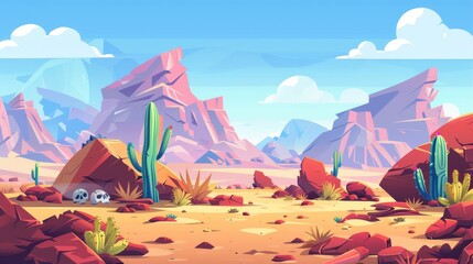 Wall Mural - Illustration of a hot desert landscape with sand, dune hills, green cactus, grass, and an animal skull. Cartoon modern illustration of a sandy western or African wilderness setting.