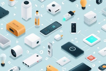 Fototapete - An illustration of various smart home devices, including thermostats, security cameras, smart plugs, and light bulbs, all connected in a seamless network. Generative AI