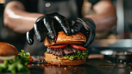 A close up shot of hands in black gloves making an American burger