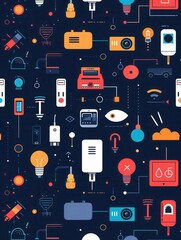 Fototapete - Colorful illustration showcasing a connected network of various smart home devices, including smart plugs, security cameras, smart bulbs, and thermostats. Generative AI
