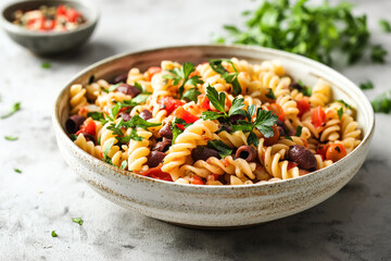 Wall Mural - tasty traditional italian pasta alla puttanesca in a bowl, fusilli, noodles from italy