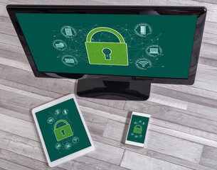 Wall Mural - cyber security concept on different devices
