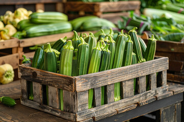 Wall Mural - Green Zucchini in a Wooden Crate at a Farmers Market