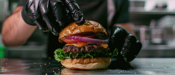 A close up shot of hands in black gloves making an American burger