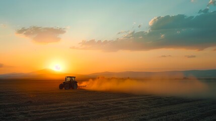 Wall Mural - Tractor at sunset plowing a dusty field. Vibrant sunrise or sunset colors over a farming landscape. Conceptual image representing agriculture, farming, and rural life. AI.