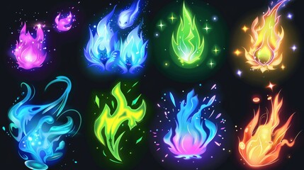 Wall Mural - Cartoon modern illustration of neon flashes from a bomb explosion, futuristic space blaster, laser gun rays, and magic power charge.