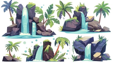Wall Mural - This cartoon shows a waterfall on a rocky cliff mountain with grass and moss, palm trees on sandy shore, and elements of rivers and lakes.