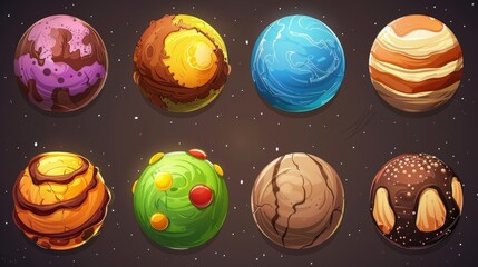 Wall Mural - Sweet dessert planet with a magic alien world element. Cartoon modern set of fantasy space galaxy world elements. Delicious chocolate, caramel, and cookie balls.