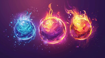 Wall Mural - Modern cartoon illustration of space globes glowing with shimmering particles, ice and fire surface, cosmic galaxy adventure game design elements.