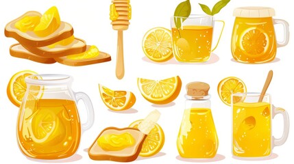 Set of lemon jam isolated on white background. Cartoon illustration of bread and honey spread, citrus tea in a glass cup, orange marmalade in a jar, sugar crystals, breakfast menu, etc.
