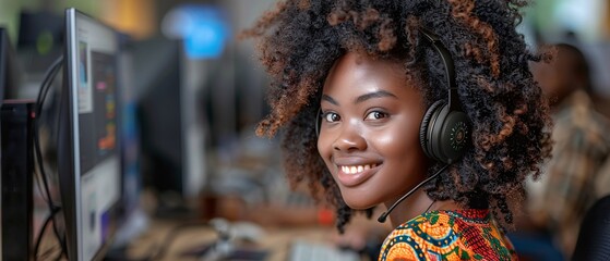 Wall Mural - Portrait of a young woman working on computer with headset in office