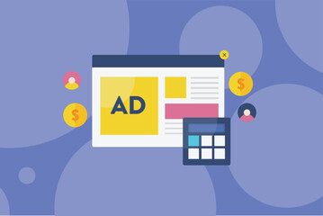 Wall Mural - Pay per click cost, Ad cost, Cost per click, Calculating advertising cost. Ad spend on internet. Ad analytics. Vector illustration banner.
