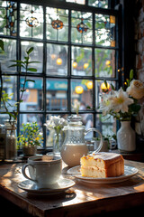 Wall Mural - breakfast with coffee and croissant by the window at home