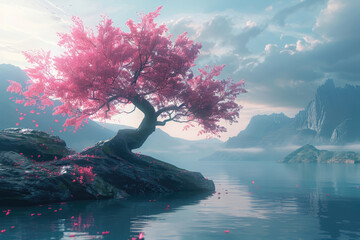 Poster - A lake under a high mountain, a tree with pink flowers blooming