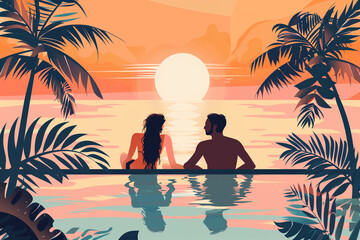 Wall Mural - Young couple traveler enjoying sunset near the swimming pool