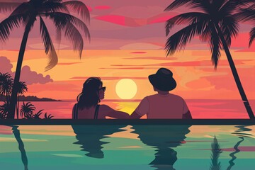 Wall Mural - Young couple traveler enjoying sunset near the swimming pool