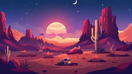 Wall Mural - An illustration of a desert in the middle of the night. An illustration of a modern cartoon illustration of a dry land landscape of the wild west with cactus with flowers, moon and stars glowing in