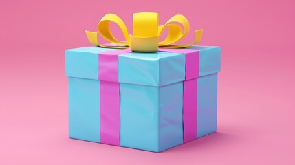 Wall Mural - This package is a cute blue closed box with a purple ribbon and yellow bow. It is a realistic 3d render cartoon modern package for a birthday or Christmas celebration. This is a bonus or prize icon