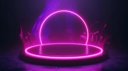 A futuristic fantasy digital technology stage with pink neon glow effect. A realistic 3D modern hologram platform.