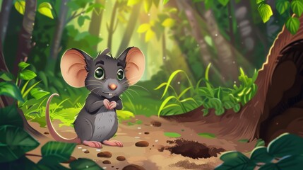 Mouse cartoon at forest burrow. Funny wild rodent animal in the forest with its nest. Illustration for zoology children education, fauna characters at nature scenes.