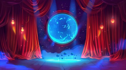 Canvas Print - Cartoon illustration of a circus arena with a magic portal behind red curtains, a mysterious space teleport, blue smoke in the door decorated with light bulbs, and the background of a video game.