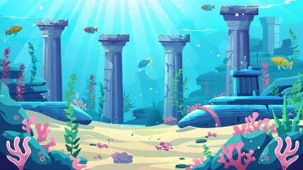 Wall Mural - In this cartoon illustration of a tropical ocean scene with a bathyscaphe, you see an underwater sea landscape with a submarine, fish, corals, marine plants and animals, marble columns, and a