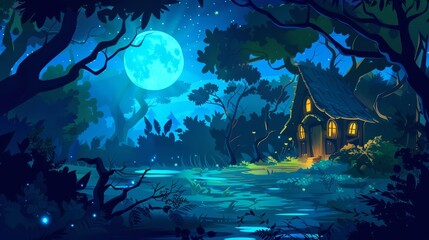 Wall Mural - A child and friend in Halloween carnival costumes go to a spooky house with light in the windows nearby a graveyard at night. Cartoon modern scary holiday landscape with a building and a cemetery in