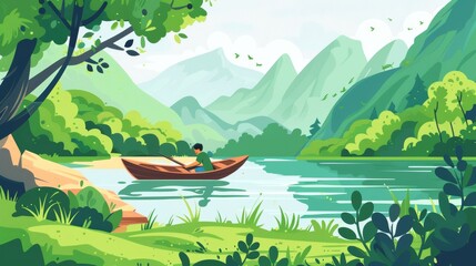 Wall Mural - Cartoon summer sunshine mountain, pond, trees landscape with teen boy playing sports on river bank holding baseball bit.